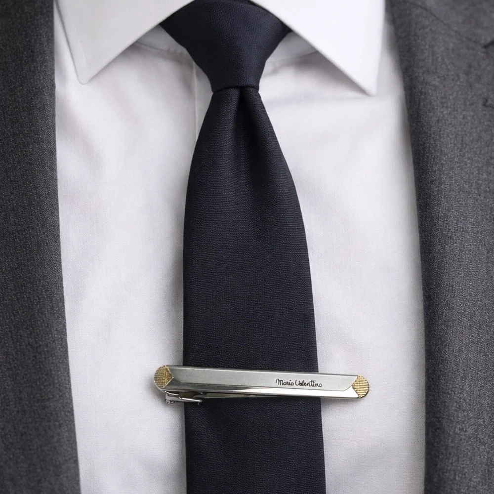 Mario Valentino Vintage Style Tie Clip Silver Gold Dress Accessory